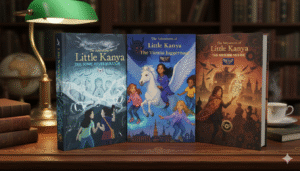 A set of three hardcover adventure books from 'The Little Kanya Trilogy' displayed on a wooden desk. The titles are 'The Sonic Reverberator' in blue, 'The Vienna Juggernaut' featuring a girl on a winged horse, and 'The Moscow Mosaic' in warm orange tones. A vintage green library lamp and a cup of tea sit in the background.
